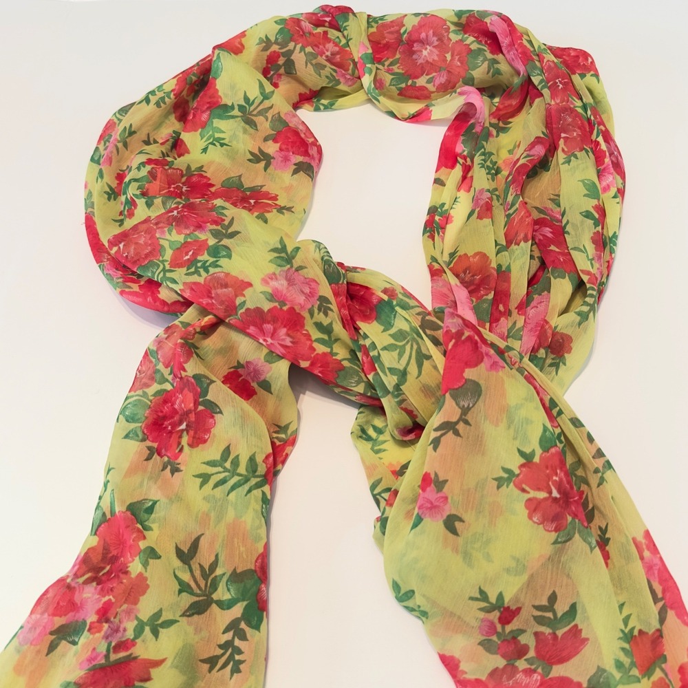 Floral Scarf Yellow Red Pink Sheer Rectangular Wrap OS Cottagecore Chic 82x44